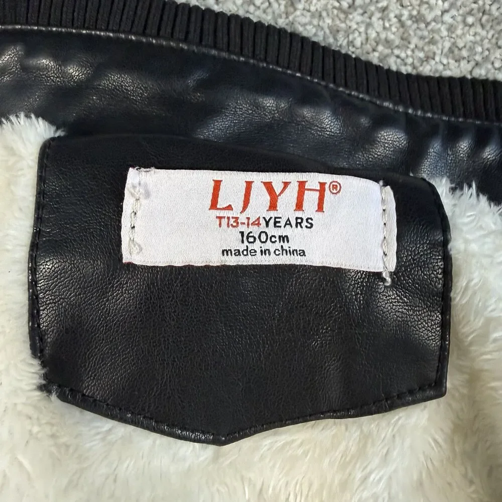 LJYH Youth Boys Jacket Black Motorcycle Faux Leather Full Zip Moto T13-14 Years